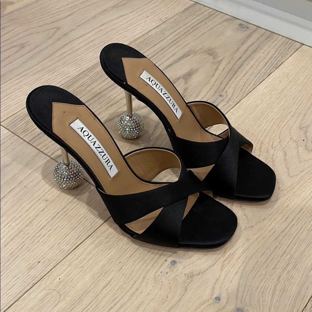 Aquazzura Yes Darling 95 Satin Crystal Sandals in Black